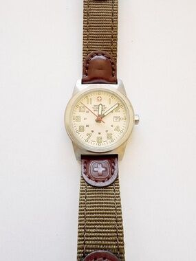 Wenger Swiss Military Field Watch, Cream Dial, Olive Nylon & Leather Band 30mm